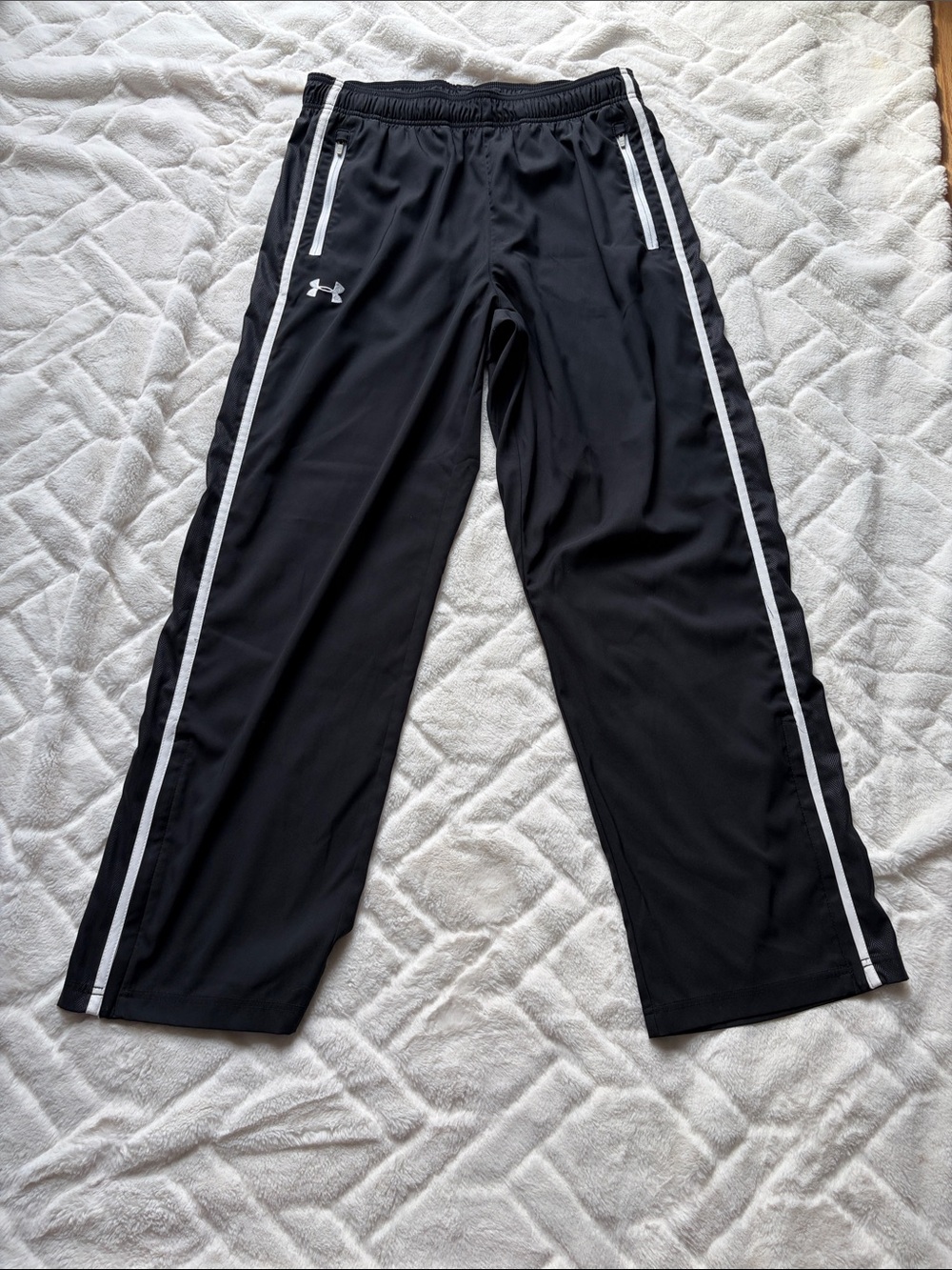 Under Armour Black Track Pants with White Side Stripes - Kids